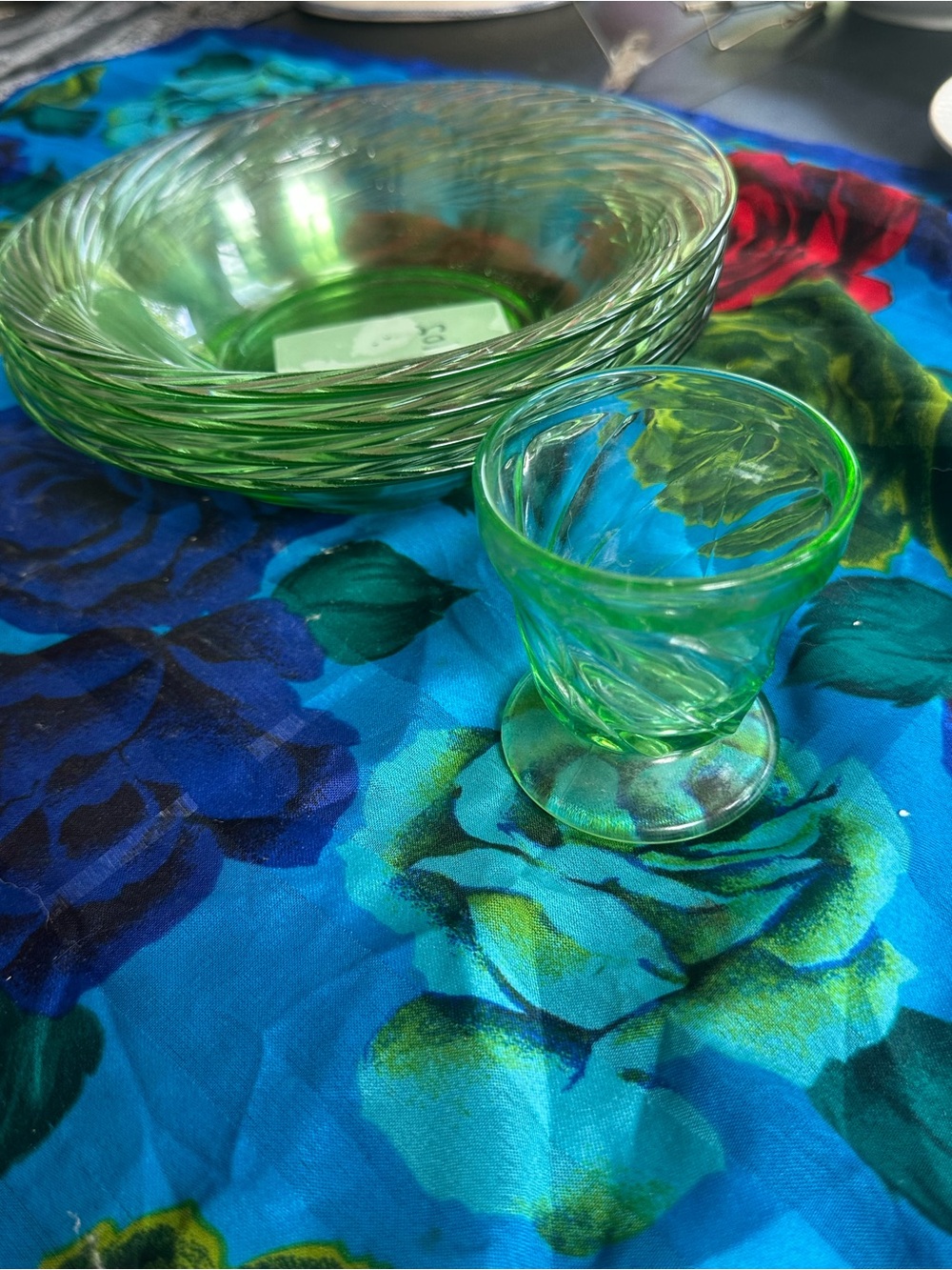 Green Swirled Glass Bowls and Pedestal Cup